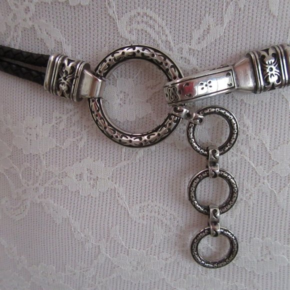 Black braided faux leather & ornate buckle silver belt - Picture 2 of 8